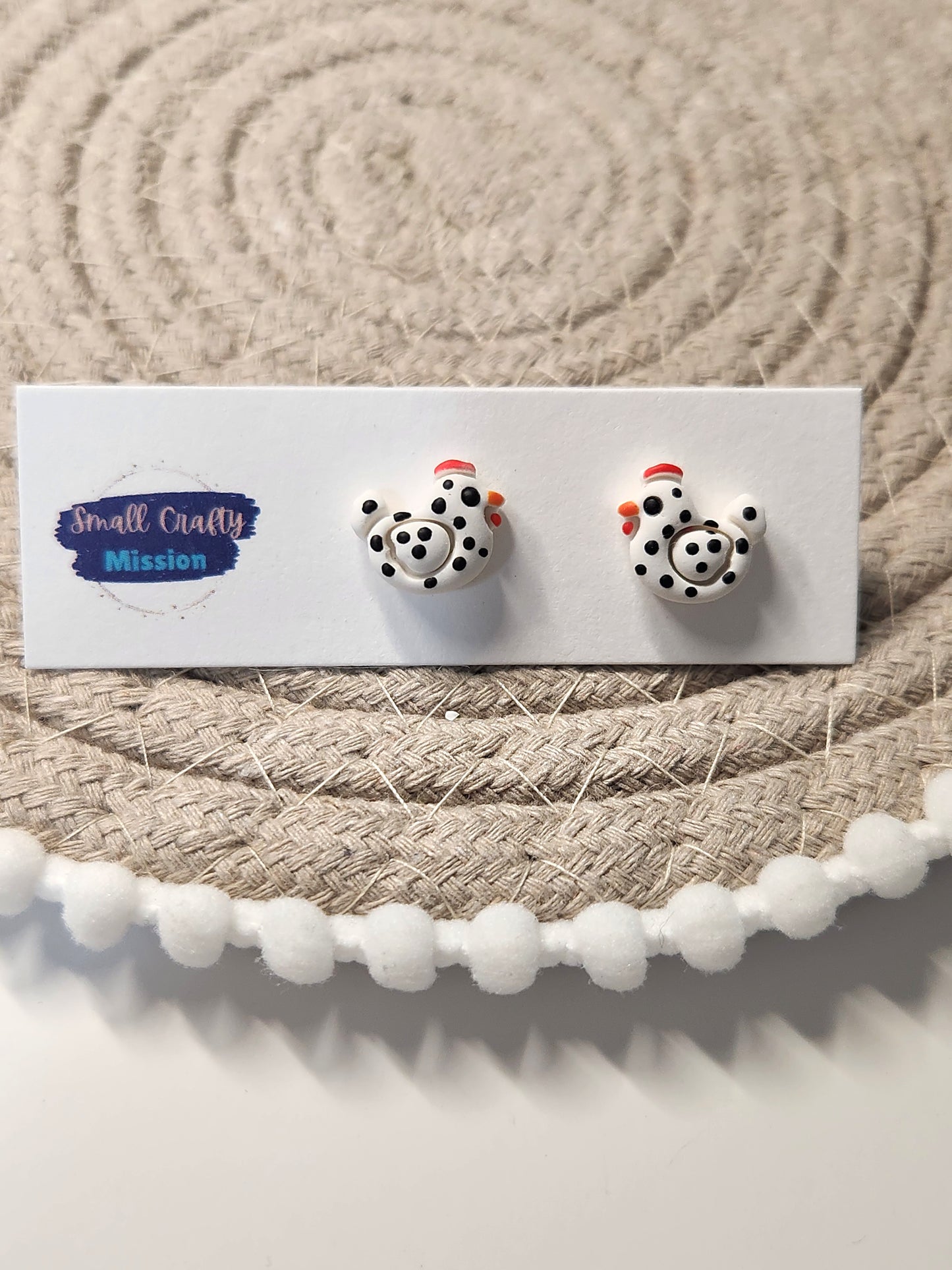 Chicken Stud Earrings White/Black Polka Dots