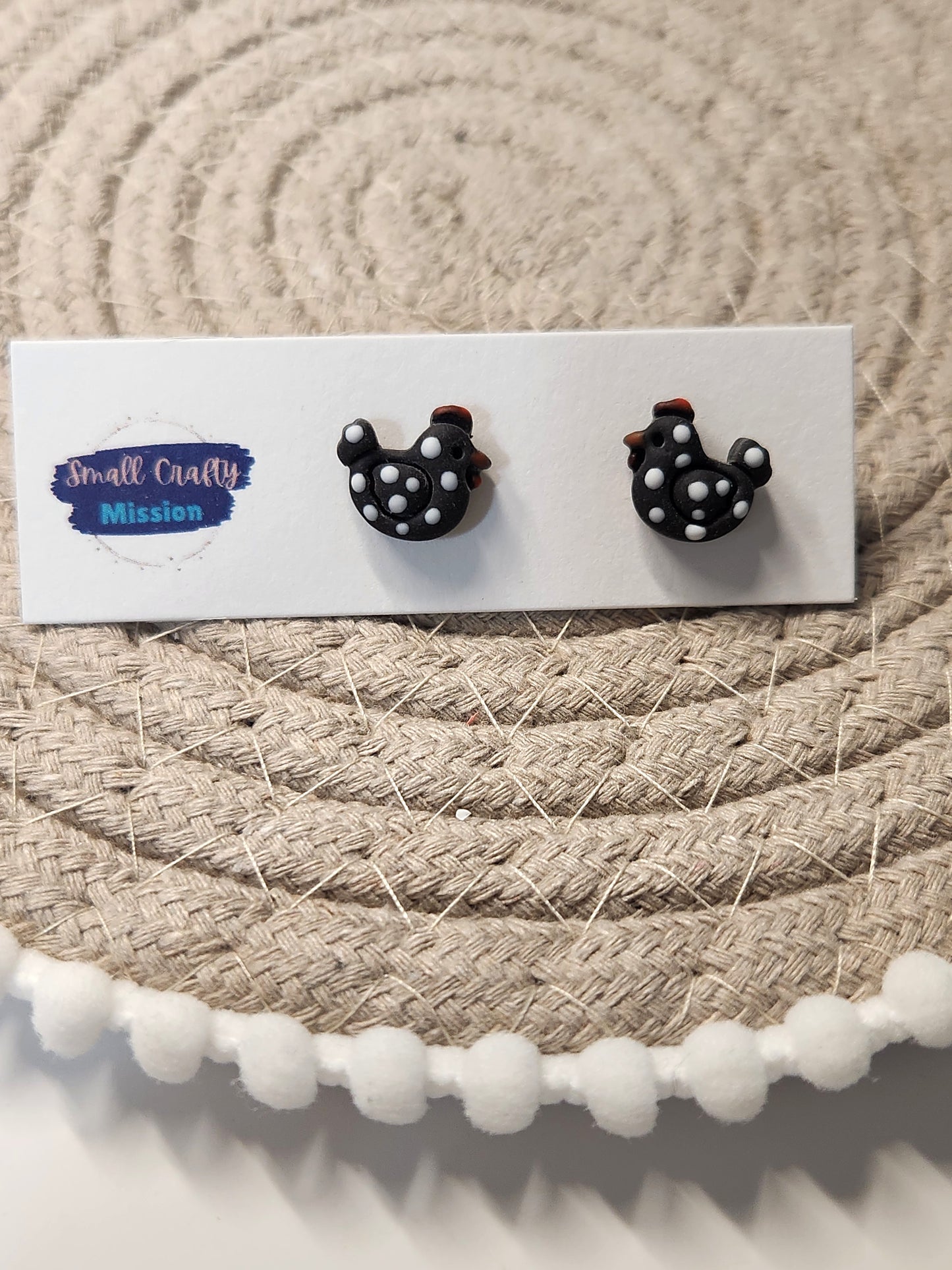 Chicken Stud Earrings Black/White Polka Dots