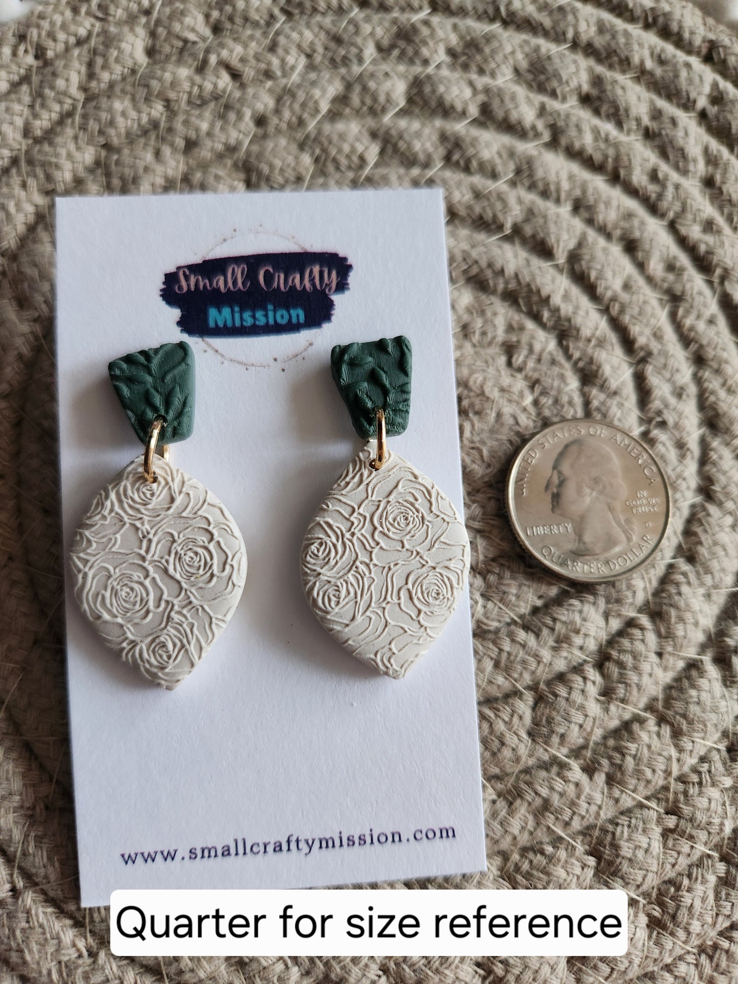 Green and Cream Rose Dangle Earrings