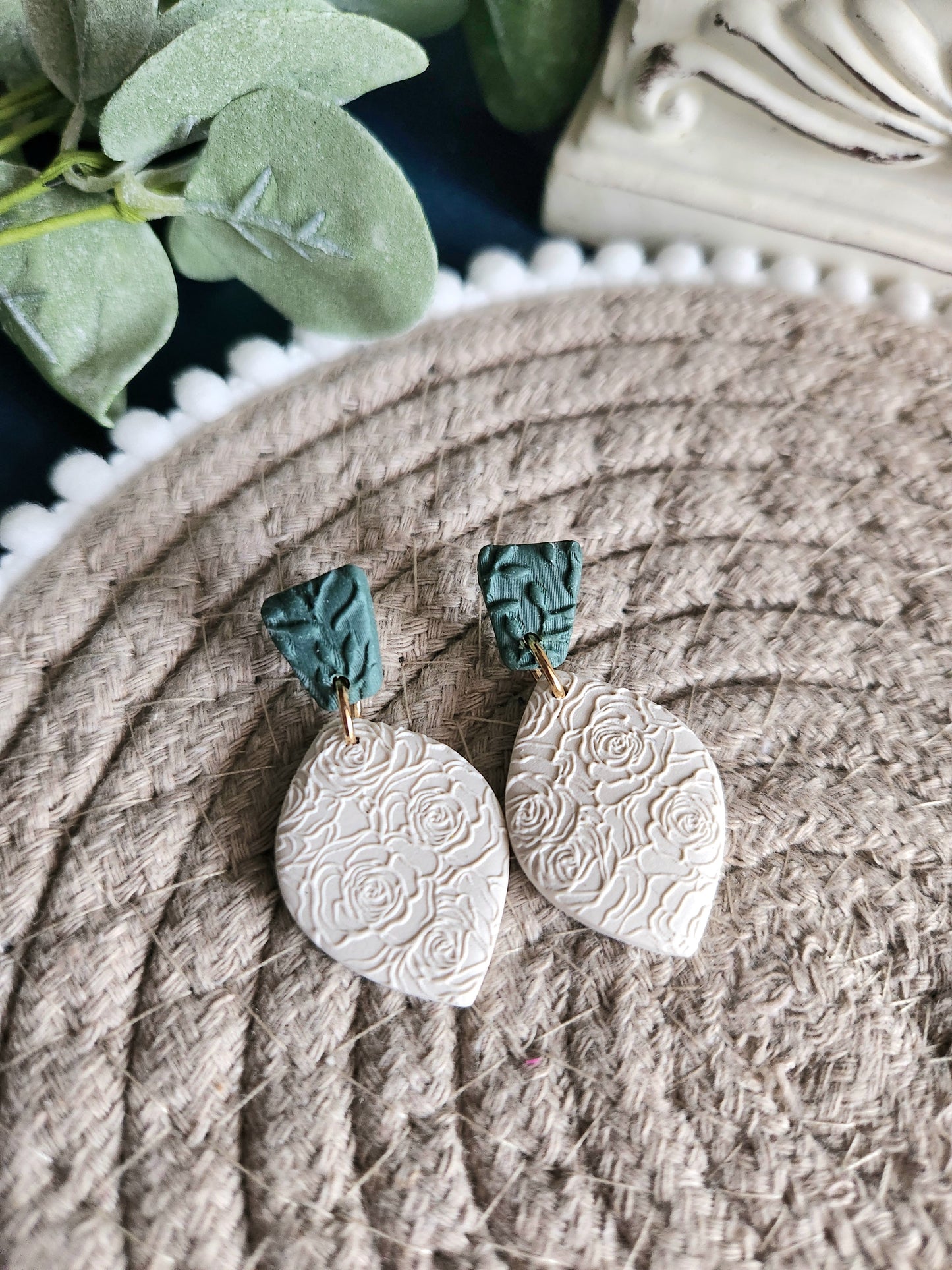 Green and Cream Rose Dangle Earrings