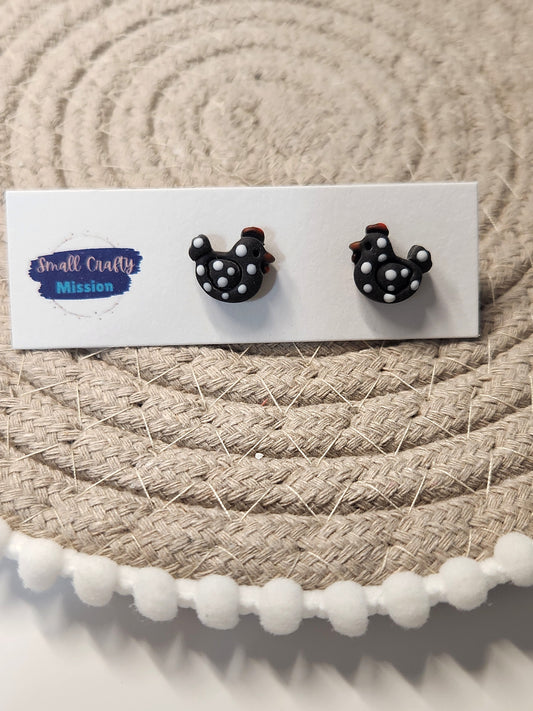 Chicken Stud Earrings Black/White Polka Dots