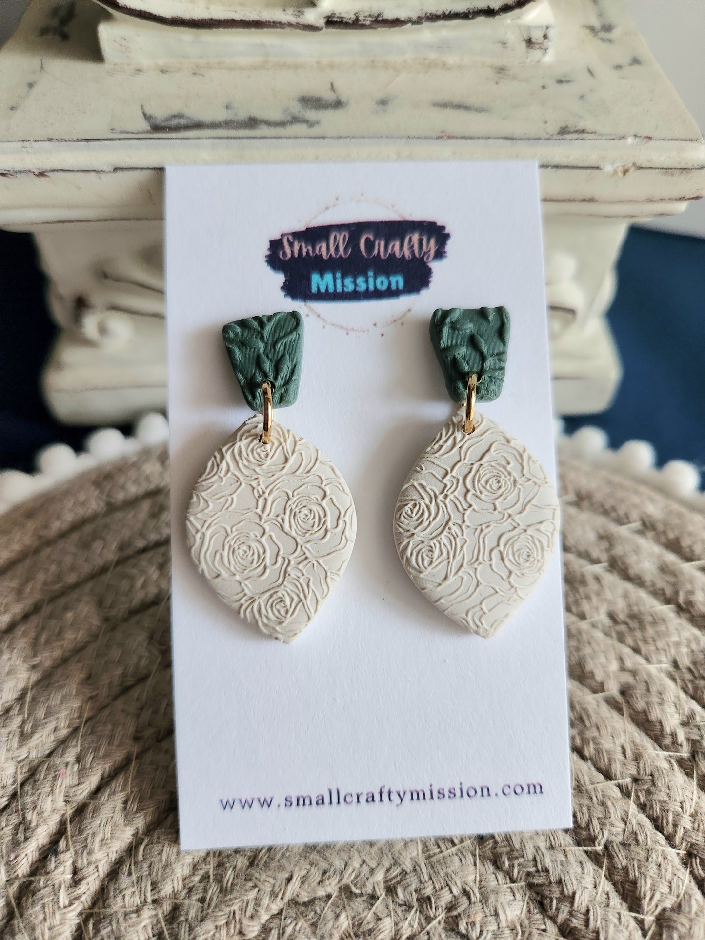 Green and Cream Rose Dangle Earrings